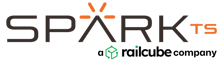 Spark TS logo with stylized orange “A” and tagline “a railcube company” underneath, combining both brands in one graphic.